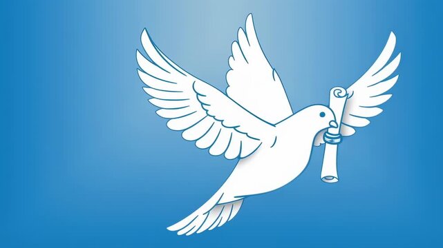 A white dove carrying a scroll against a blue gradient
