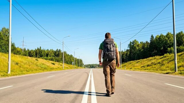 A lone hiker with a large backpack walks down an empty asphalt road lined with trees and streetlights under a clear blue sky.