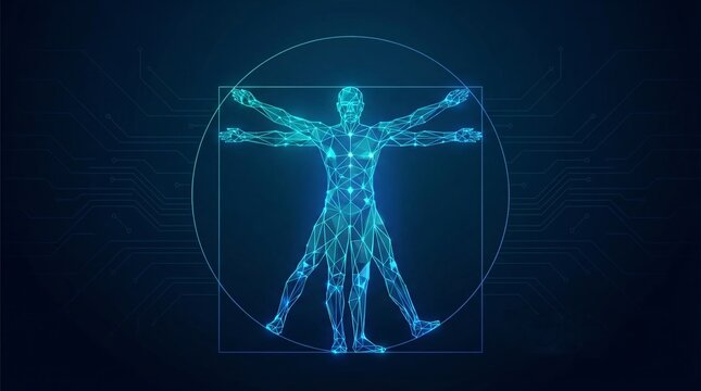 Futuristic Digital Wireframe of Vitruvian Man with Glowing Blue Poly Mesh - Human Anatomy Concept