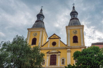 Fototapeta premium The grand Baroque facade of the Minorite Church (Minorita Templum) in Eger, Hungary, considered one of the most beautiful Baroque churches in Central Europe.