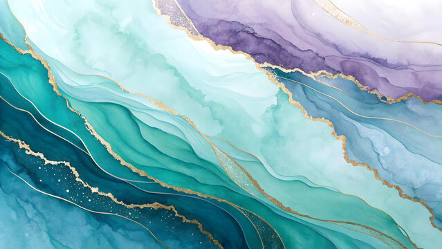 Elegant alcohol ink abstract art featuring shimmering golden waves in serene teal and purple
