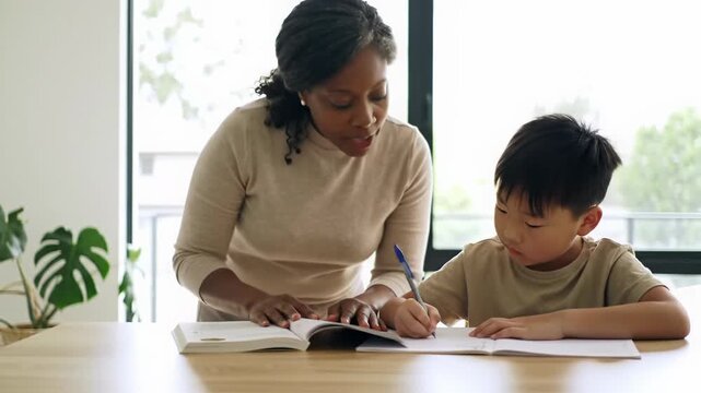 A diverse, caring adult in neutral casual attire guides a focused young child, 6-8, at a modern light wooden table in a bright home study area, bathed in soft, warm natural light, emphasizing hands