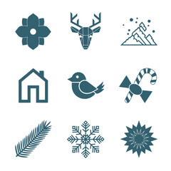 Fototapeta premium Professional duotone graphic illustration set featuring nine minimalist geometric icons including nature and holiday symbols like a deer, snowflake, and flower, colored in Cool Teal and Slate Gray
