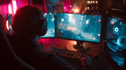 Top-view scene of a professional gamer playing a shooter game at night on a powerful PC with neon lighting. 