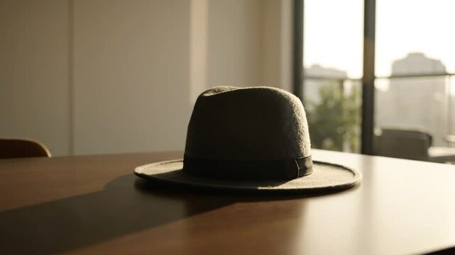 Stylish fedora hat rests on a wooden table in front of a window bathed in warm sunlight