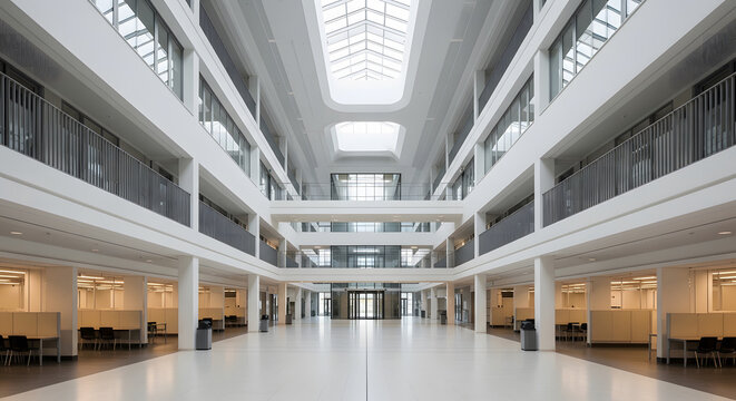 Spacious modern university or corporate building atrium with lar