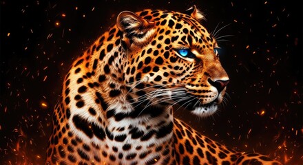 Obraz premium A fiery leopard with piercing blue eyes against a dark background