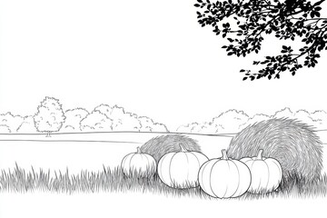 a field of pumpkins and hay bales, a coloring page for adults, with thick lines and a black outline only, no shading, on a white background.