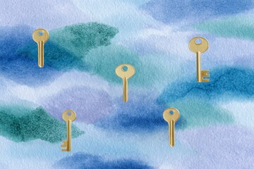 a pattern of gold keys against an abstract background, with shades of blue and green