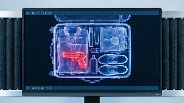 Security scan shows suitcase contents including clothing, personal items, and a red highlighted firearm in an airport setting during check-in process