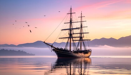 Majestic Sailing Ship at Sunrise with Misty Mountains and Birds