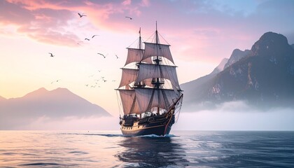 Obraz premium Majestic Sailing Ship at Sunrise with Misty Mountains and Birds
