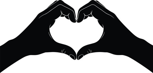 Fototapeta premium Silhouette vector illustration of two human hands making a heart shape isolated on white background for love romance and valentine day design concepts.