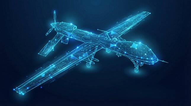 Futuristic Digital Wireframe of Military Combat Drone with Glowing Blue Poly Mesh - UAV Concept