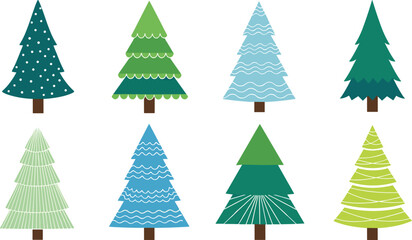 Stylized Christmas Tree Illustration Set with Modern Flat and Patterned Designs for Holiday Decor, Winter Graphics, Greeting Cards, and Festive Visual Projects