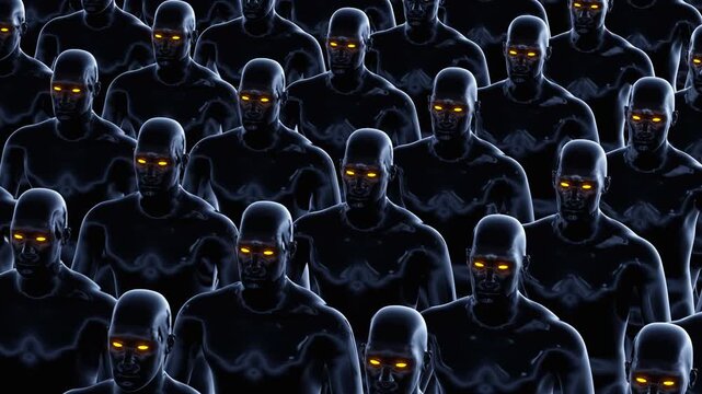 Seamless VJ loop with crowd of identical glossy humans with glowing eyes for stage screens and high-tech LED video walls