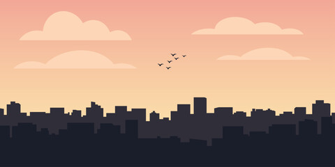 Low rise city skyline silhouette illustration. Soft morning sky with drifting clouds. Sparse birds rising above the buildings. Calm urban awakening scene.