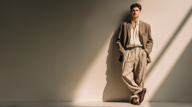 A stylish man in a brown suit leaning against a wall in natural light