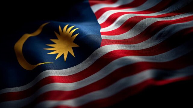Malaysia's national flag, jalur gemilang, displaying its iconic crescent and star, gracefully waving with textured fabric against a dark, dramatic background