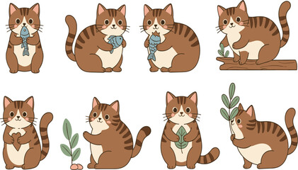 Fototapeta premium Cute Cartoon Cat Character Set Featuring Adorable Kittens Holding Fish and Plants in Sitting and Playing Poses for Children Illustrations