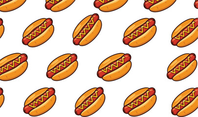 Fototapeta premium Seamless Hot Dog Pattern Illustration Featuring Tasty Fast Food Snacks with Sausage, Bun, and Mustard in Fun Cartoon Style