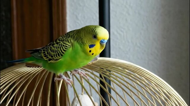 A green budgie with yellow and black markings is perched on top of a gold cage. The budgie is looking to the right side of the frame.