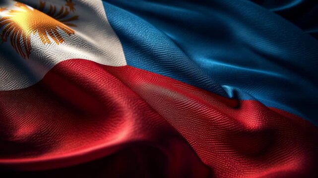 Philippines flag featuring the sun and three stars on a white triangle, with blue and red stripes, fabric texture, symbolizing national sovereignty and freedom