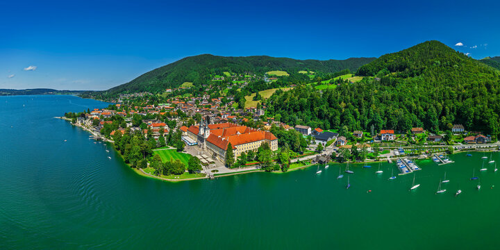 Panorama of Tegernsee village and cloister by lake Tegernsee in Bavaria