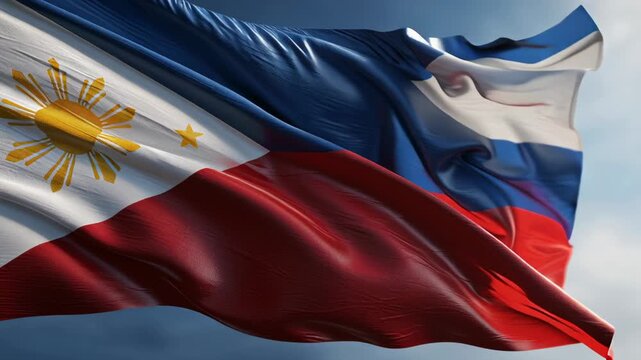Philippines flag featuring the eight rayed sun and three stars, displaying its white triangle, blue band, and red band, flowing in the wind against a deep blue sky