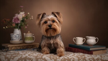 High-quality still life photo of a Yorkshire Terrier on a cushion or table in a cozy, sunlit interior, soft focus highlighting its silky brown and tan coat and gentle, serene expression.