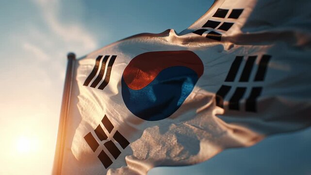 South korea national flag, the taegeukgi, proudly waving against a dramatic sunset sky, symbolizing patriotism, independence, freedom, and national identity