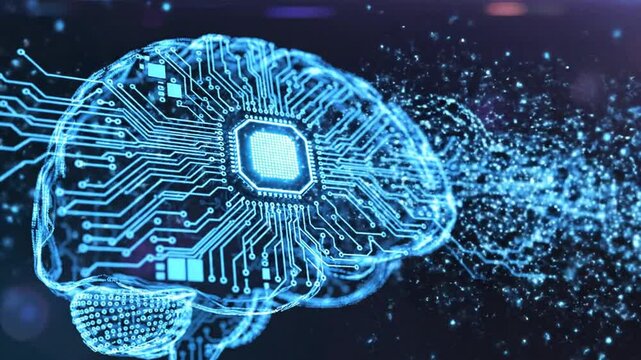 A futuristic human brain with circuitry and microchip explodes into digital particles in a dark environment from a frontal viewpoint.
