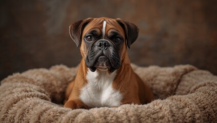 High-quality still life photo of a Boxer in a cozy, warmly lit interior, soft natural light and shallow depth of field highlighting its short coat, wrinkled face, and playful, affectionate expression.
