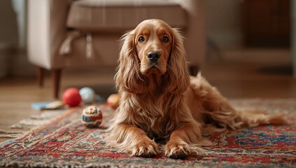 High-quality still life photo of an English Cocker Spaniel on a colorful rug in a cozy interior, soft natural light highlighting its fluffy golden coat, long ears, and gentle, calm expression.