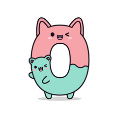 Fototapeta premium Cartoon illustration of a pink cat and green bear forming a donut shape with cute facial expressions