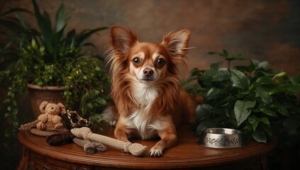 High-quality still life photo of a Long Coat Chihuahua on a vintage table in a cozy interior, soft light highlighting its smooth brown and white coat, large eyes, and gentle, serene expression.