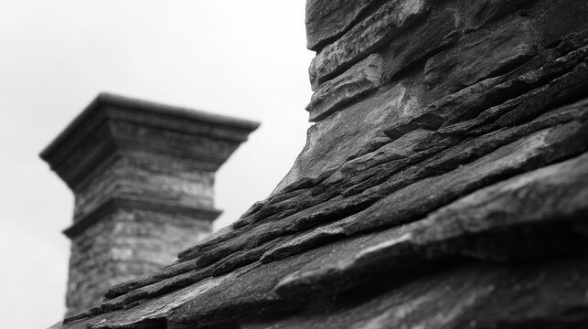 Black and white photograph of a close-up of a stone chimney cap. the chimney is made of stone and has a rectangular shape with a pointed top.