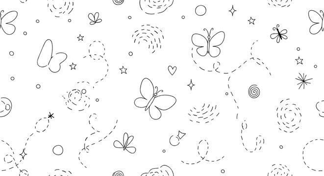Hand drawn butterfly doodle pattern with hearts, stars, swirls, dashed lines, and whimsical flying insects in seamless vector style