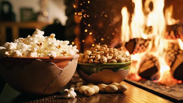 Cozy evening featuring bowls of fluffy white popcorn and roasted peanuts set beside a warmly blazing natural wood fireplace creating a comforting ambiance.