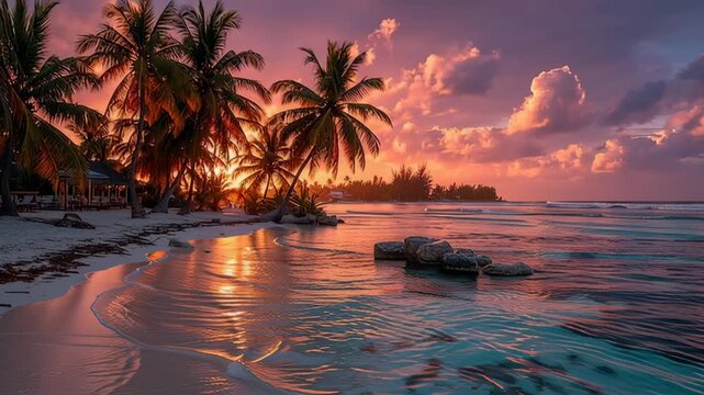 A stunning tropical beach scene featuring lush palm trees silhouetted against a vibrant sunset. the tranquil ocean waves gently lap the shore, while the sky bursts with warm hues of pink and orange, c