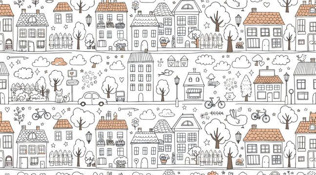 Hand drawn city neighborhood seamless pattern vector with houses, trees, cars, bikes, birds, and cozy urban street line art