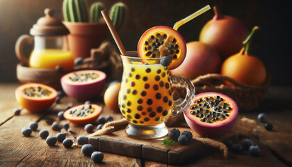Passionsfr&uuml;chte ( Purpurgranadilla) und einen daraus hergestellten Saft oder Smoothie, garniert mit Heidelbeeren. 