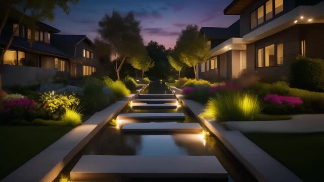 Modern Residential Landscape with Illuminated Water Feature at Dusk