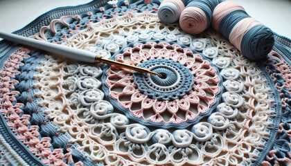 H&auml;keldecke mit H&auml;kelnadel und Wolle