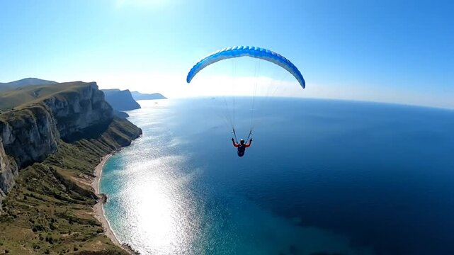 Spectacular aerial view of a paraglider soaring over a stunning coastal landscape with turquoise waters under a clear blue sky