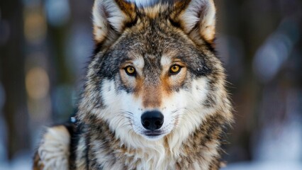 Majestic wolf standing in snowy winter