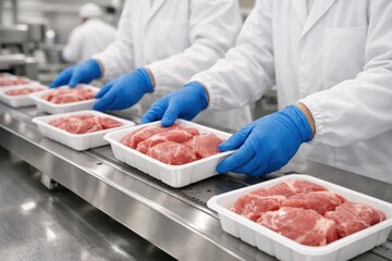 Meat Processing Line: Meticulous attention to detail in a modern food processing facility, where workers in sterile attire manage raw meat product and packaging.