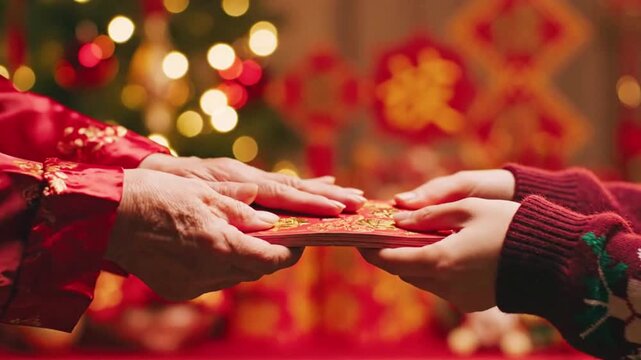 Close up of an older person giving a stack of red envelopes known as lai see or hongbao to a younger person during Chinese New Year celebrations indoors with festive lights