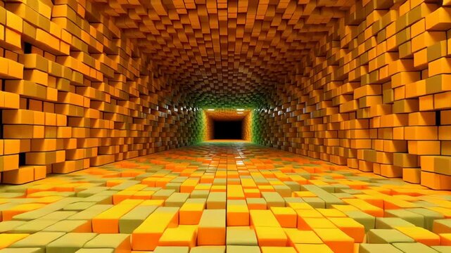 A dynamic scene of a tunnel composed of green and orange cubes offers a visually striking, immersive environment. the geometric pattern creates depth and perspective, making it ideal for digital backg