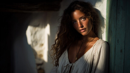 Fototapeta premium freckled woman in white boho dress by fisherman house in ibiza, sunlit boho portrait with copy space near mediterranean sea, serene summer lifestyle portrait